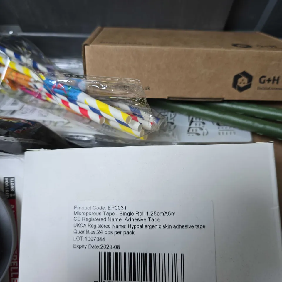 APPROXIMATELY 9 ASSORTED ITEMS TO INCLUDE -WOOD FILLER , ANIMAL REPELLER , ADHESIVE TAPE ETC