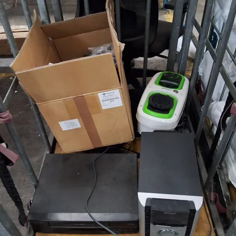 CAGE CONTAINING ASSORTED ELECTRONICS INCLUDING VHS PLAYER, SONY CD PLAYER & ROLEC WALLPLUG EV CHARGER