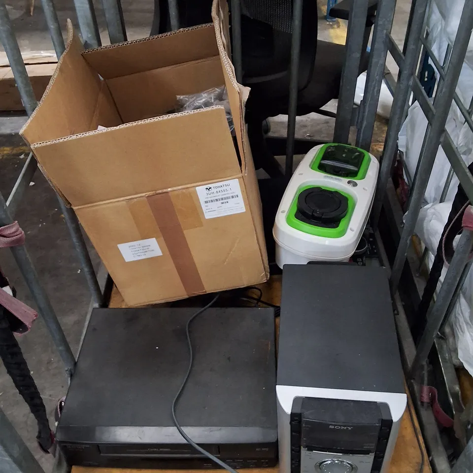 CAGE CONTAINING ASSORTED ELECTRONICS INCLUDING VHS PLAYER, SONY CD PLAYER & ROLEC WALLPLUG EV CHARGER