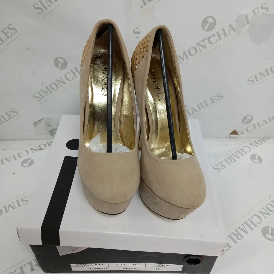 APPROXIMATELY 10 BOXED PAIRS OF MILAYA HIGH HEELED PLATFORM SANDALS IN BEIGE TO INCLUDE EU SIZES 36, 37, 38, 39