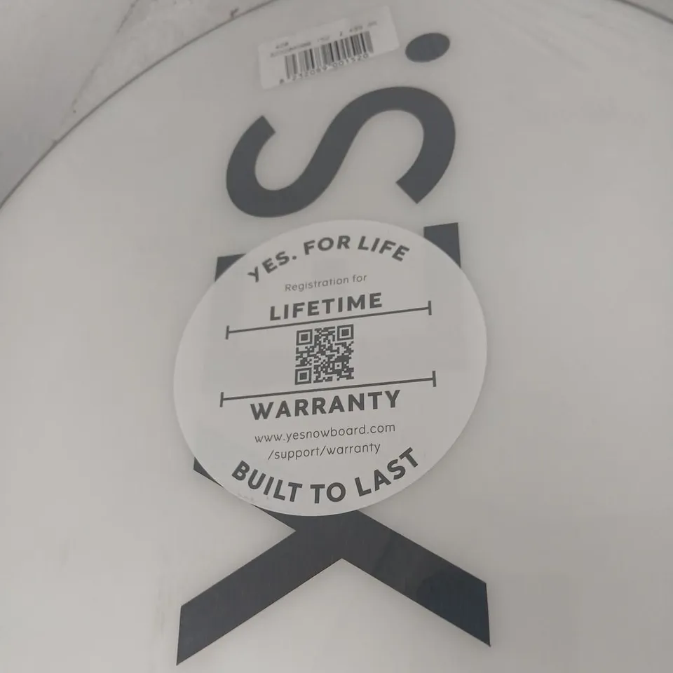 YES. SNOWBOARD – WHITE/BLACK GRAPHIC WITH LIFETIME WARRANTY STICKER