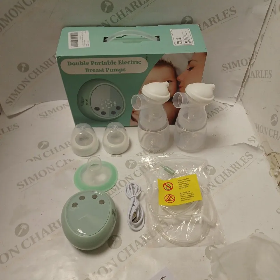 BOXED DOUBLE PORTABLE ELECTRIC BREAST PUMPS WITH ACCESSORIES, USB CABLE AND INSTRUCTIONS