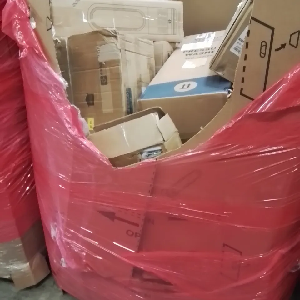 PALLET CONTAINING VARIOUS ASSORTED BOXED HOUSEHOLD ITEMS TO INCLUDE: PRESSURE WASHER, COOL FAN, WOK PAN SET, DECORATIVE CEILING LIGHT AND LOTS MORE UNMARKED BOXED ITEMS 