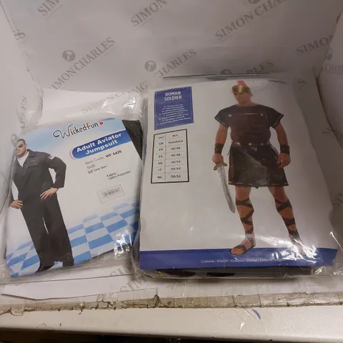 LOT OF MANY FANCY DRESS ITEMS AND CLOTHING TO INCLUDE ADULT AVIATOR JUMPSUIT, WATERLOO, AND ROMAN GLADIATOR ETC.