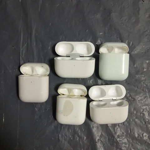 LOT OF 5 ASSORTED EMPTY APPLE AIRPODS CHARGING CASES TO INCLUDE A1602 1ST GEN, A2566 3RD GEN AND A2190 PRO IN WHITE