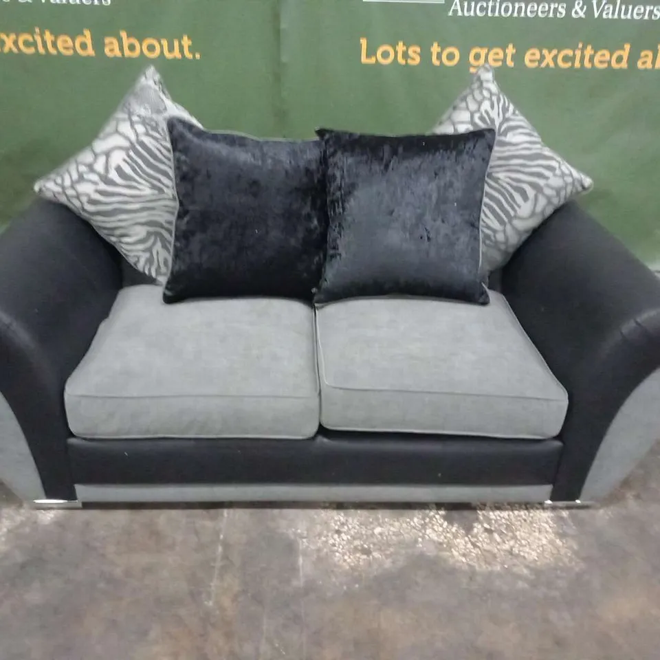 DESIGNER BLACK SUEDE EFFECT AND GREY FABRIC TWO SEATER SOFA WITH SCATTER CUSHIONS