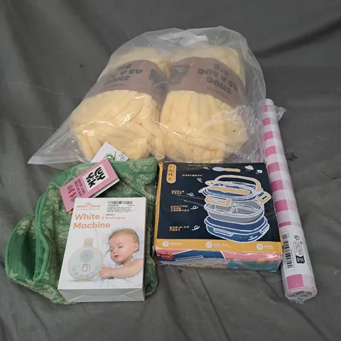 BOX OF APPROXIMATELY 12 ASSORTED HOUSEHOLD ITEMS TO INCLUDE - YARN - CUSHION - LUNCHBOX - ETC