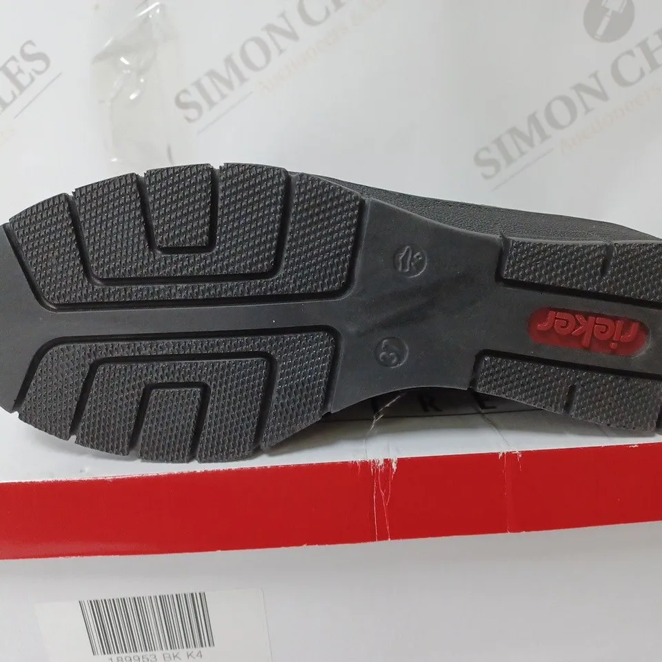 BOXED PAIR OF RIEKER WEDGE TRAINERS IN BLACK UK SIZE 4