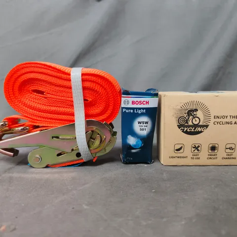 APPROXIMATELY 8 ASSORTED ITEMS TO INCLUDE RATCHET STRAP, ETC