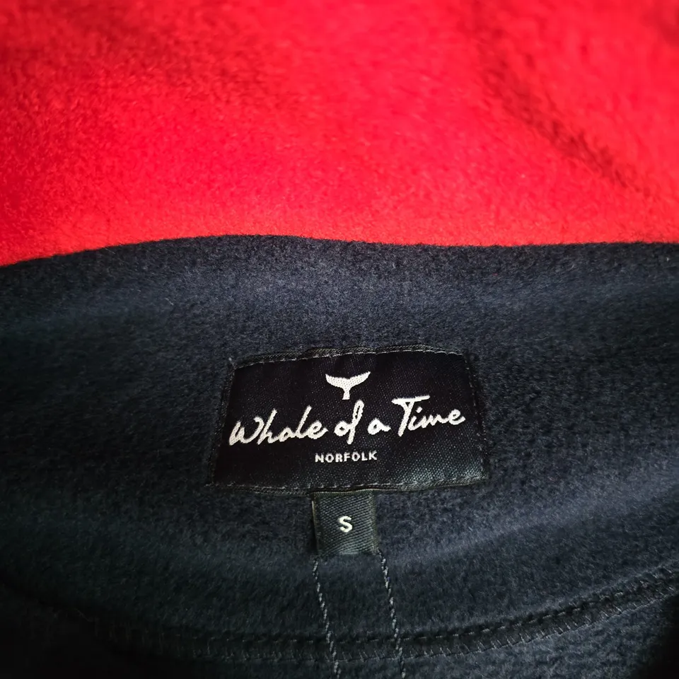 WHALE OF A TIME NORFOLK NAVY FLEECE JACKET, RED SLEEVES, UK SIZE S
