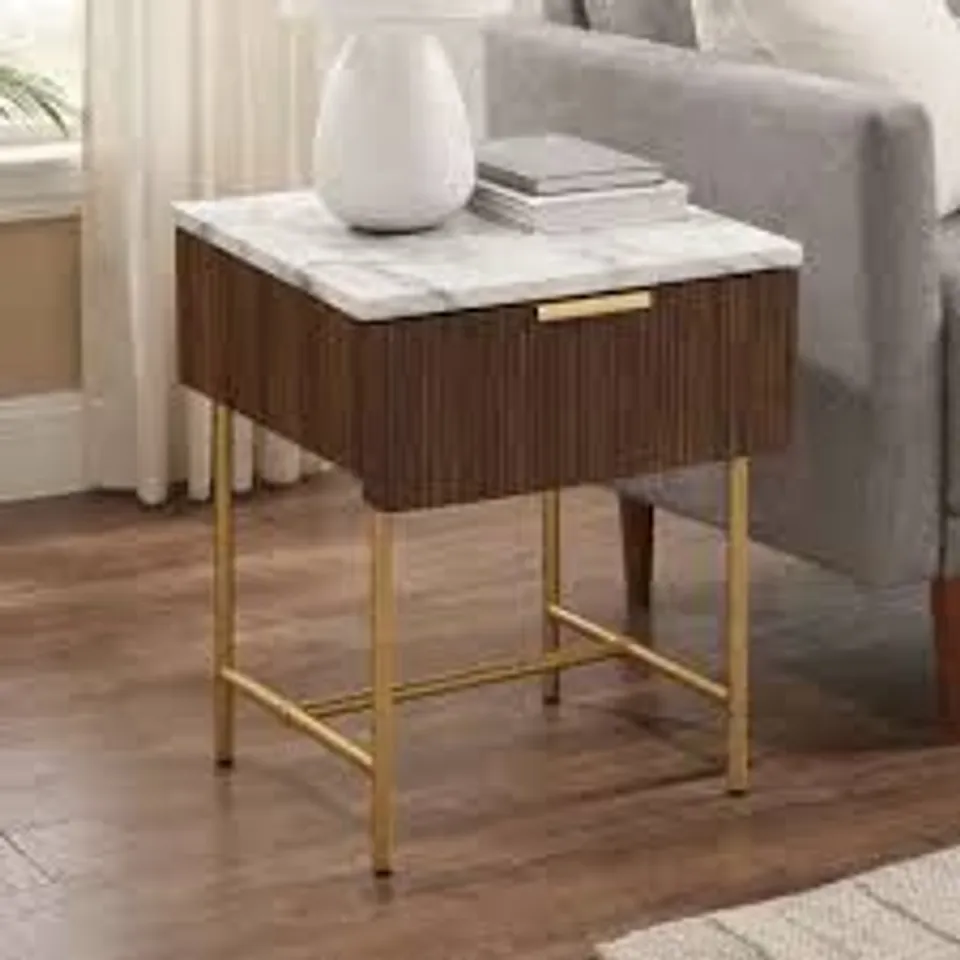 BOXED KINDER MARBLE TOP SIDE TABLE WITH 1 DRAWER IN DARK WALNUT AND GOLD (1 BOX)