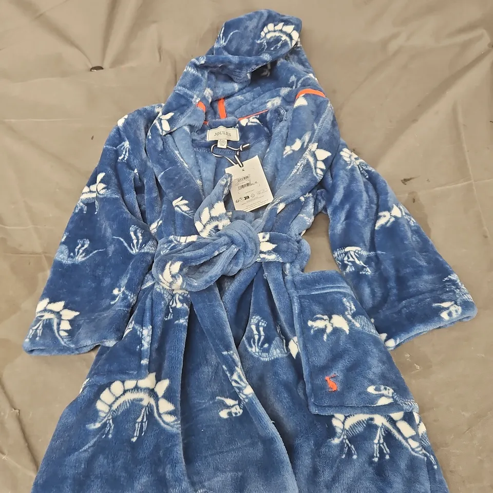 JOULES KIDS BLUE PLUSH HOODED BATHROBE WITH BELT – PATTERNED AGE 5-6 YEARS