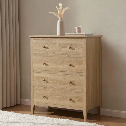 BOXED DUSK NELL 5 DRAWER CHEST - LIGHT WOOD (1 BOX)