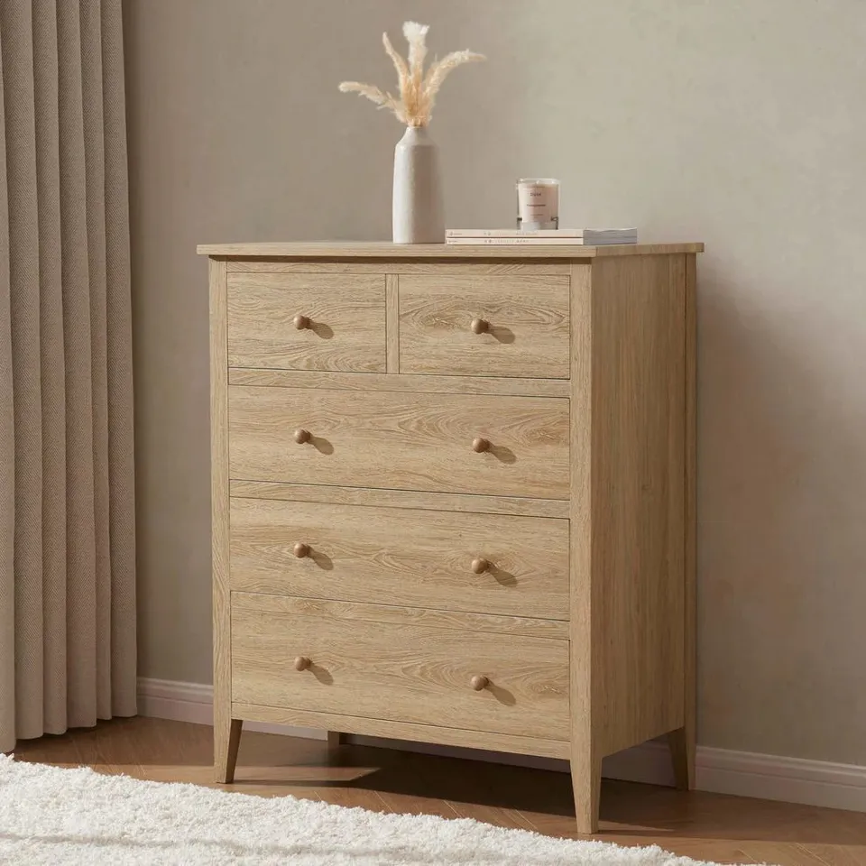 BOXED DUSK NELL 5 DRAWER CHEST - LIGHT WOOD (1 BOX)