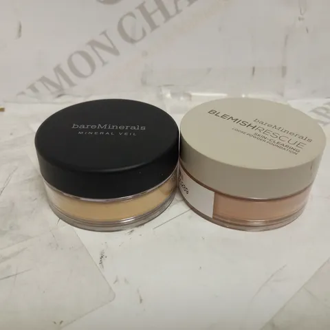 LOT OF 2 ASSORTED BAREMINERALS PRODUCTS TO INCLUDE BLEMISH RESCUE SKIN CLEARING LOOSE POWDER FOUNDATION - MEDIUM BEIGE 2.5N & ORIGINAL MINERAL VEIL PRESSED SHEER POWDER