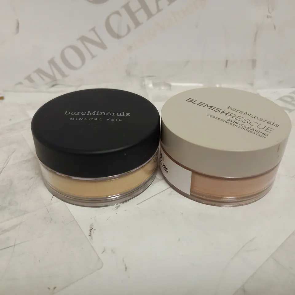 LOT OF 2 ASSORTED BAREMINERALS PRODUCTS TO INCLUDE BLEMISH RESCUE SKIN CLEARING LOOSE POWDER FOUNDATION - MEDIUM BEIGE 2.5N & ORIGINAL MINERAL VEIL PRESSED SHEER POWDER