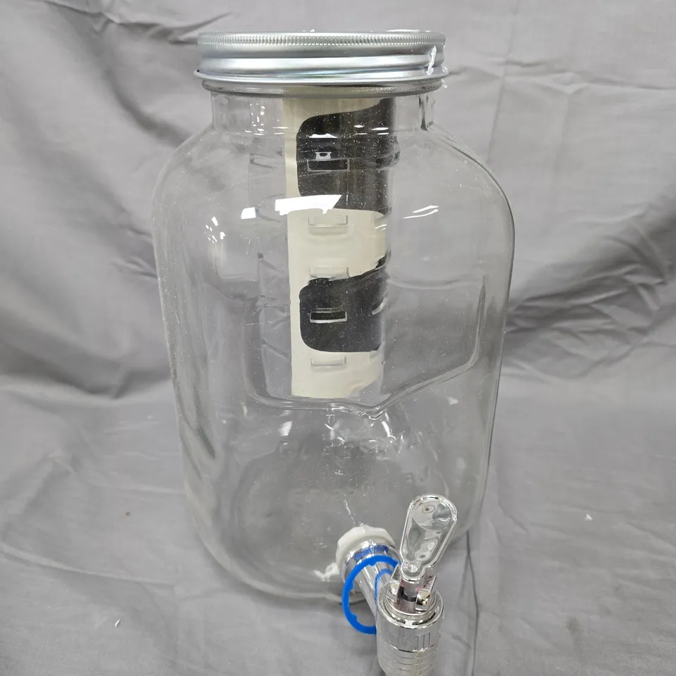 GLASS MASON JAR BEVERAGE DISPENSER WITH METAL LID AND TAP