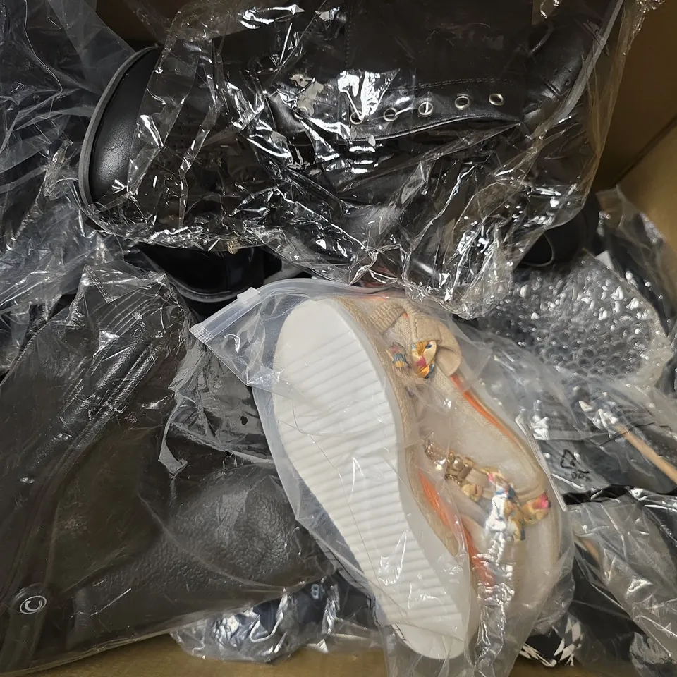 BOX OF APPROXIMATELY 15 ASSORTED PAIRS OF SHOES AND FOOTWEAR ITEMS IN VARIOUS COLOURS, STYLES, AND SIZES - COLLECTION ONLY
