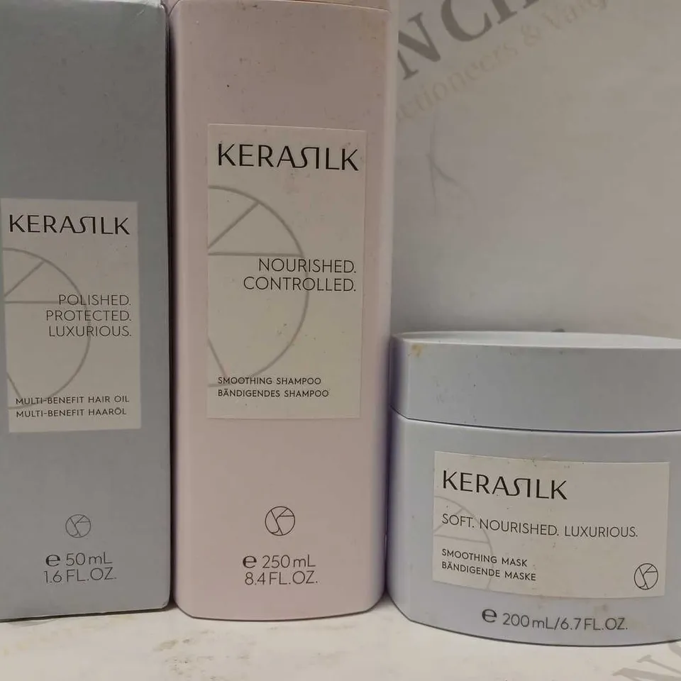 LOT OF 3 ASSORTED KERASILK PRODUCTS TO INCLUDE HAIR OIL, SMOOTHING SHAMPOO, SMOOTHING MASK 