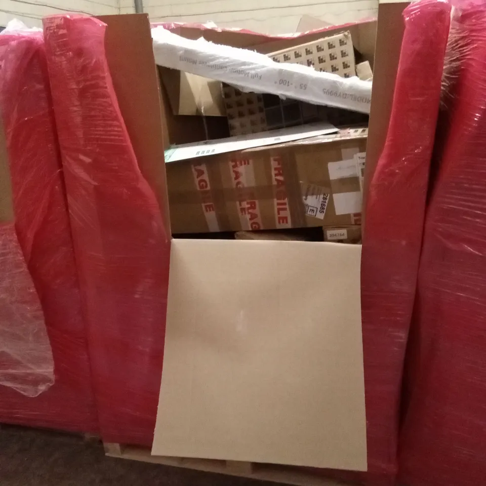 PALLET OF ASSORTED HOUSEHOLD GOODS AND PRODUCTS TO INCLUDE; DIY TOOL SET, TECHNOLOGY PRIVACY SCREENS, TOYS, BOXED FURNITURE ETC 
