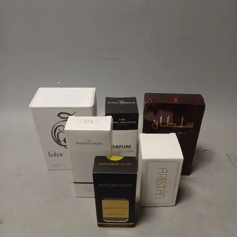 APPROXIMATELY 6 ASSORTED BOXED FRAGRANCES TO INCLUDE - THE ESSENCE VAULT - AMOURSCENTS ABDUCTION - GABAR NO.11 GROUND - ETC