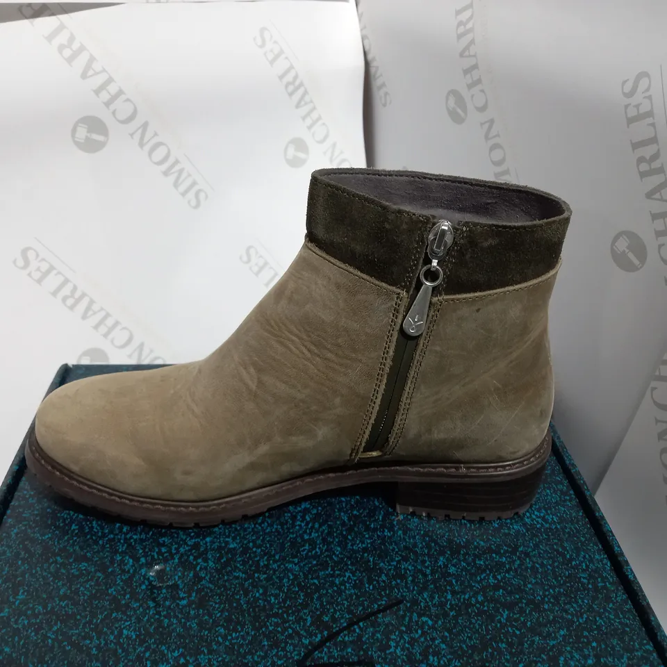 BOXED PAIR OF DARK OLIVE ANKLE BOOTS  - SIZE 7