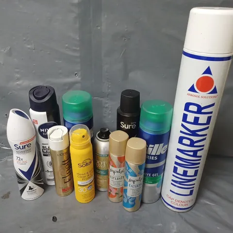 APPROXIMATELY 15 ASSORTED AEROSOLS TO INCLUDE linemarker, Gillette shave gel, nivea black & white etc - collection only