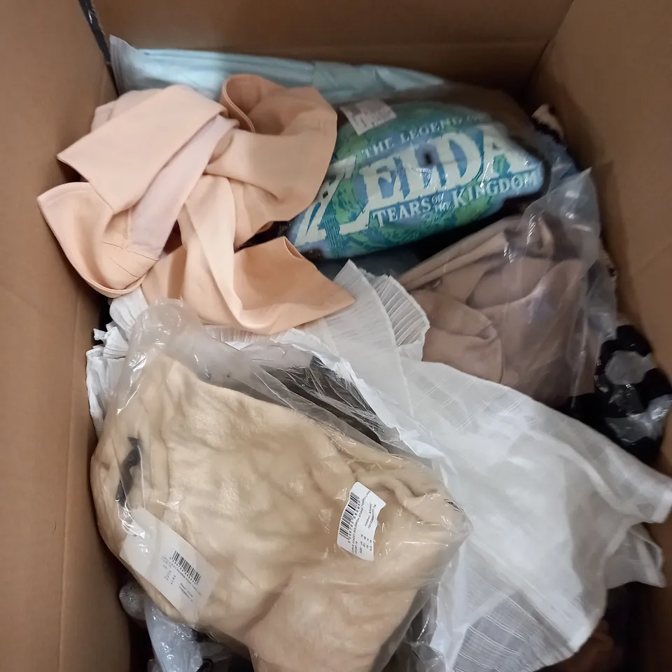 BOX OF ASSORTED CLOTHING ITEMS TOO INCLUDE JUMPERS, SHIRTS AND TROUSERS IN VARIOUS SIZES AND COLOURS   