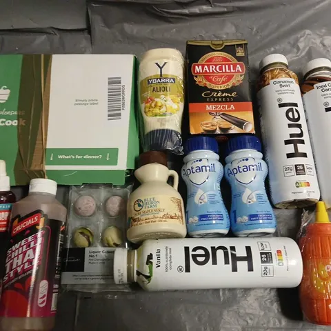 LOT OF 13 ASSORTED FOOD ITEMS TO INCLUDE HUEL DRINKS AND BLUE HERON FARM PURE MAPLE SYRUP