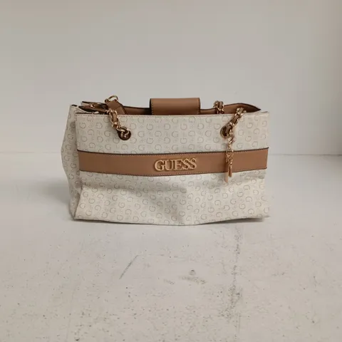 GUESS HANDBAG – MONOGRAM PRINT WITH TAN LEATHER STRIPE