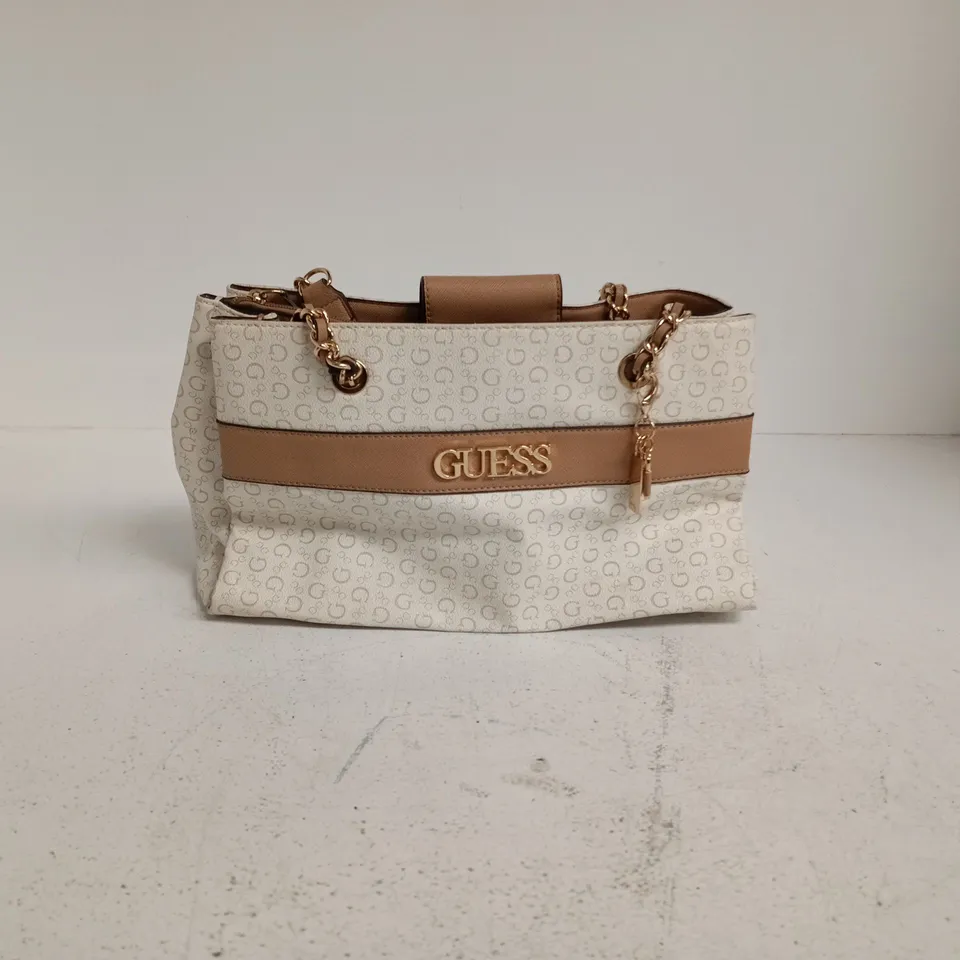 GUESS HANDBAG – MONOGRAM PRINT WITH TAN LEATHER STRIPE
