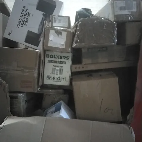 PALLET OF ASSORTED HOUSEHOLD GOODS AND PRODUCTS TO INCLUDE; TILE CUTTER, TURNTABLE SYSTEM WITH SPEAKERS, PLAY PEN, BOXED FURNITURE ETC