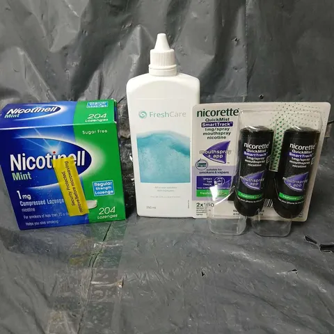 APPROXIMATELY 15 HEALTH AND BEAUTY PRODUCTS TO INCLUDE NICOTINELL LOZENGES, NICORETTE MOUTH SPRAYS AND CONTACT LENS CLEANING SOLUTION