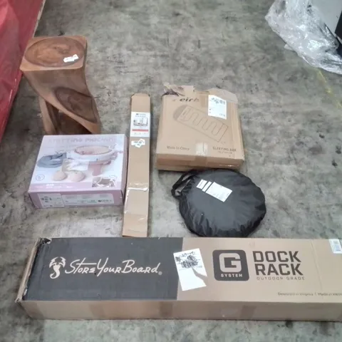 PALLET OF ASSORTED ITEMS TO INCLUDE: KAYAK RACK, SLEEPING BAG, KNITTING MACHINE, WOODEN SID TABLE, BLINDS, SENSORY TENT ECT