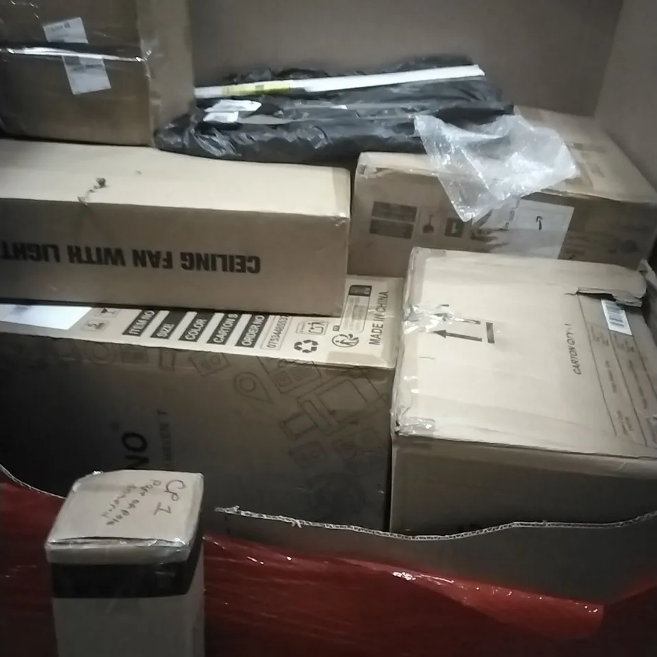 PALLET OF ASSORTED HOUSEHOLD GOODS AND PRODUCTS TO INCLUDE; MEDICINE CABINET, GARDEN UMBRELLA, CEILING FAN WITH LIGHT ETC