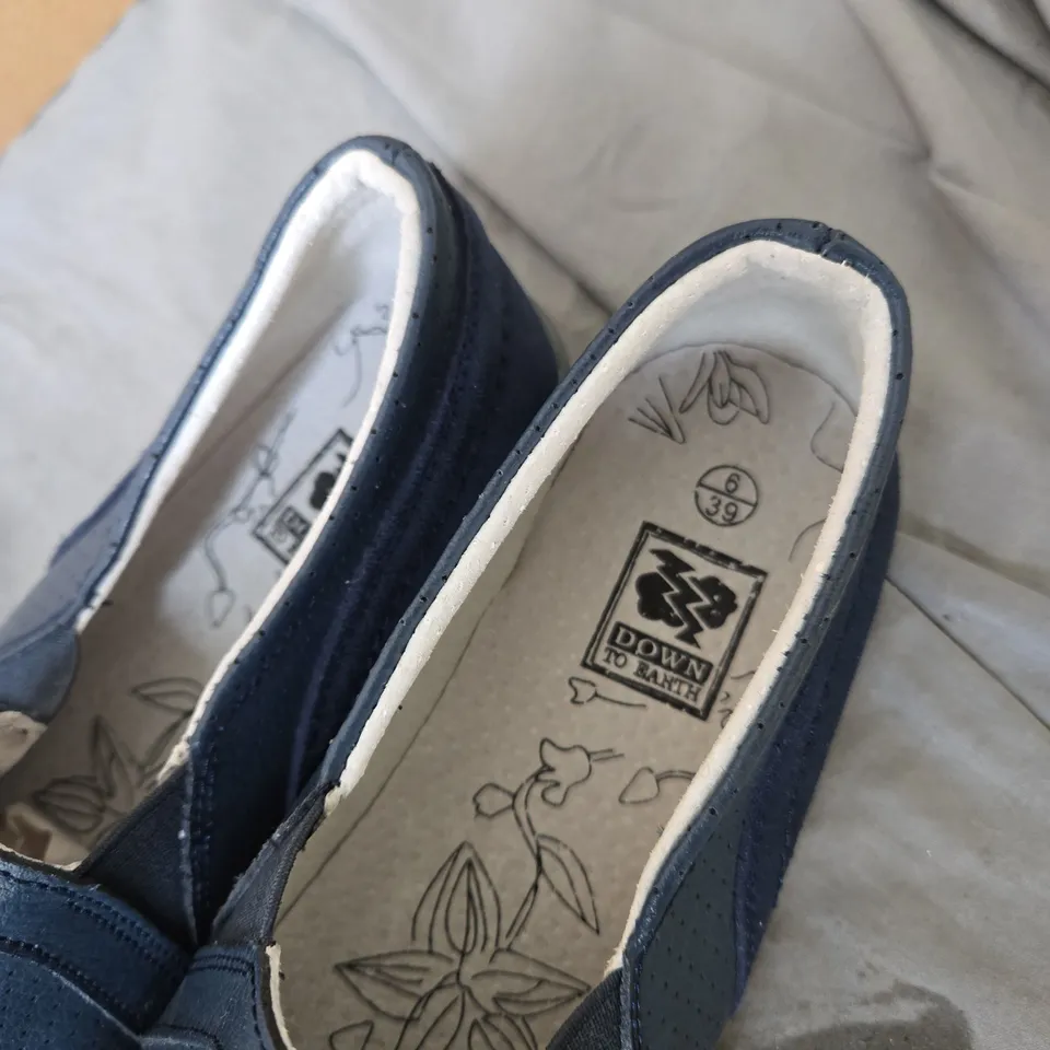 UK 6 DOWN TO EARTH NAVY BLUE PERFORATED SLIP-ON SHOES