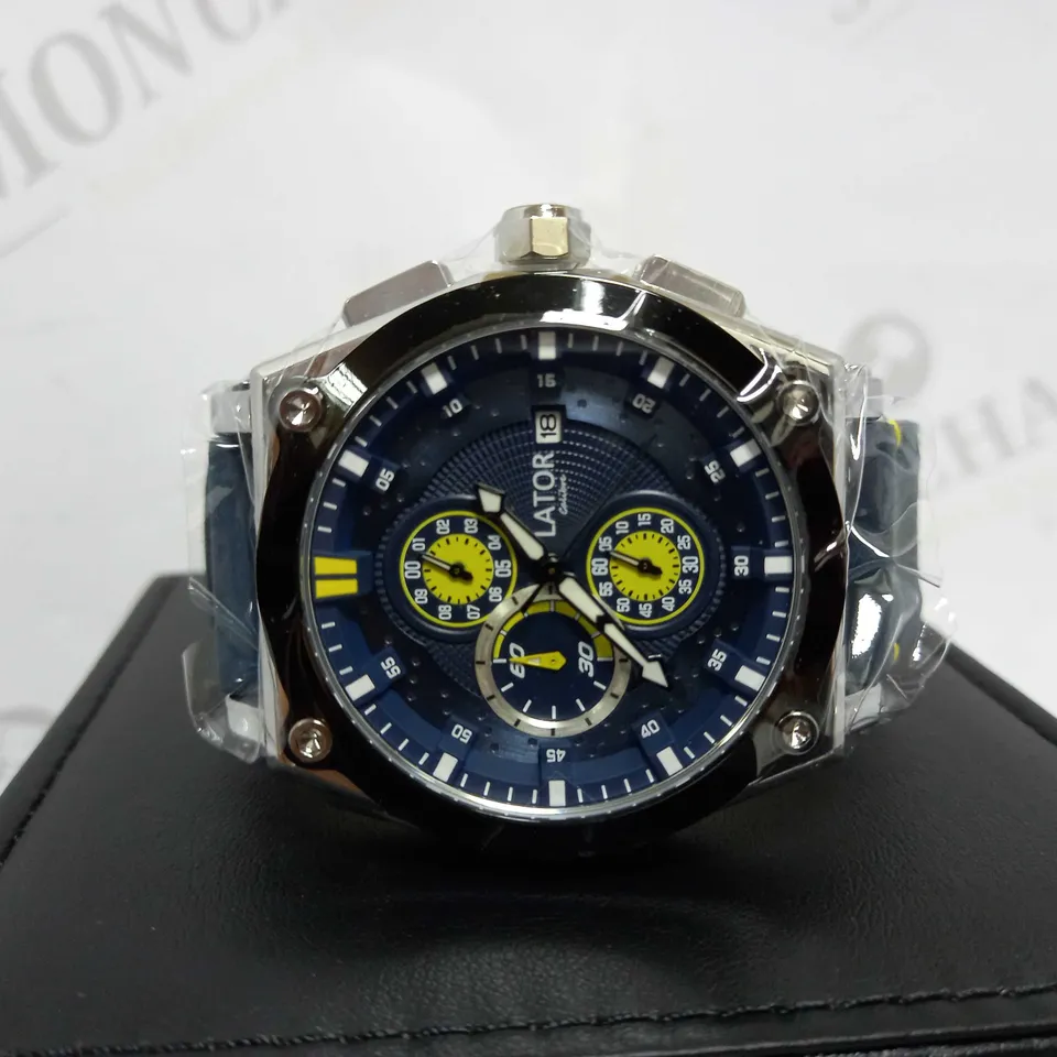 LATOR CALIBRE BLUE & YELLOW DIAL SUEDE LEATHER STRAP WATCH RRP £635