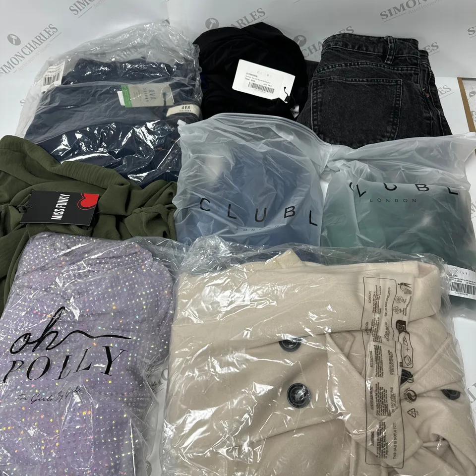 LARGE BOX OF ASSORTED BAGGED AND UNBAGGED CLOTHING TO INCLUDE OH POLLY, AVA AND CLUB L