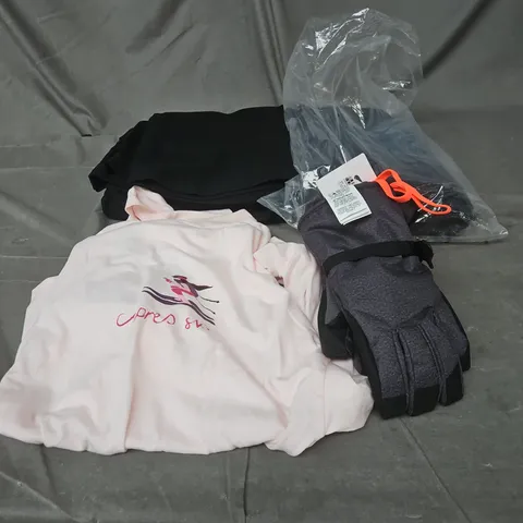 BOX OF APPROXIMATELY 25 ASSORTED CLOTHING ITEMS TO INCLUDE GLOVES, BLACK TROUSERS, PINK APRES SKIN T SHIRT, JEANS ETC