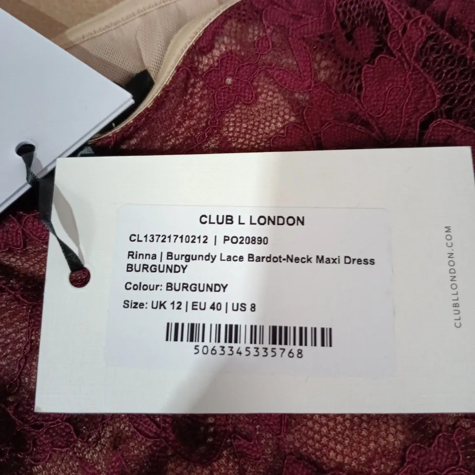 CLUB L LONDON BURGUNDY LACE BARDOT-NECK MAXI DRESS, UK 12