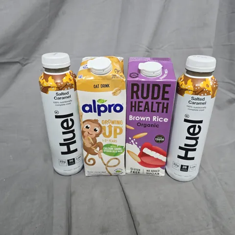 APPROXIMATELY 10 ASSORTED DRINKS ITEMS TO INCLUDE RUDE HEALTH BROWN RICE ORGANIC, HUEL SALTED CARAMEL, ALPRO GROWING UP, ETC - COLLECTION ONLY