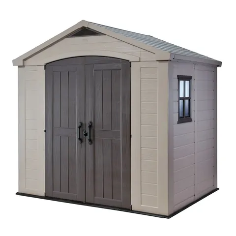 BOXED KETER FACTOR 8FT W x 8FT D APEX OUTDOOR GARDEN SHED (2 BOXES)