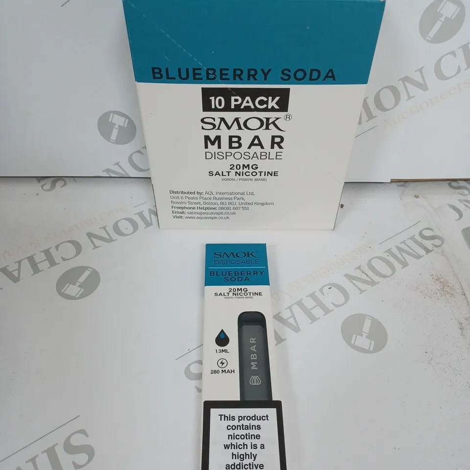 BOX OF APPROXIMATELY 10 BOXES OF BLUEBERRY SODA 10 PACK SMOK M BAR DISPOSABLE 20MG SALT NICOTINE