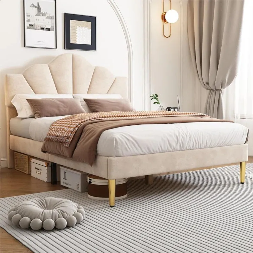 BOXED AKERSHUS UPHOLSTERED BED FRAME - 135CM DOUBLE, BEIGE (2 BOXES)