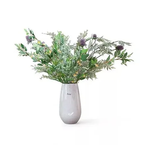 PEONY FOLIAGE MIX IN A SCRATCHED EFFECT GREY CERAMIC VASE