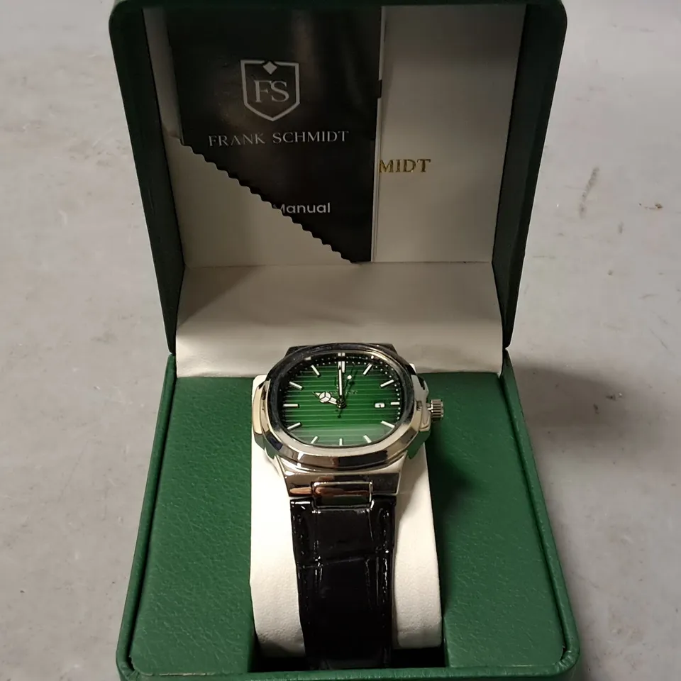 FRANK SCHMIDT STAINLESS STEEL GREEN FACED GENTS WATCH WITH BLACK LEATHER STRAP 