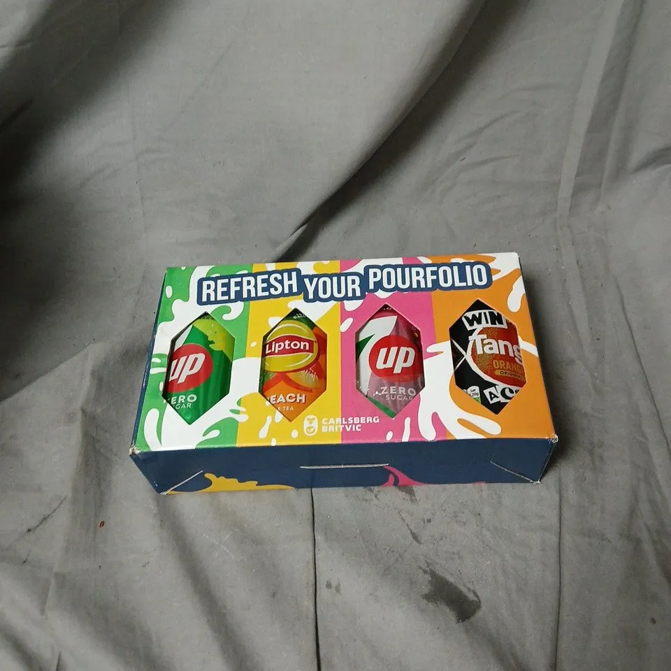 CARLSBERG BRITVIC REFRESH YOUR POURFOLIO PROMOTIONAL BEVERAGE SAMPLER BOX INCLUDING LIPTON ICED TEA AND 7UP