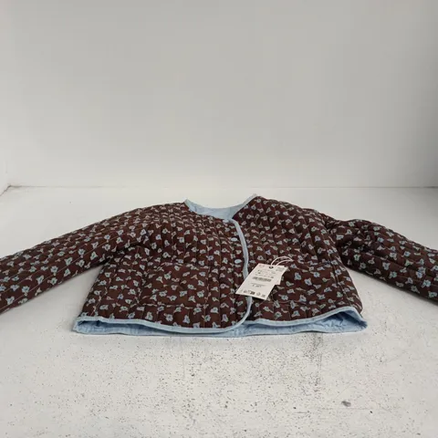 ZARA KIDS' QUILTED FLORAL JACKET - BROWN WITH LIGHT BLUE TRIM, SIZE 8-9 YEARS (131 CM)