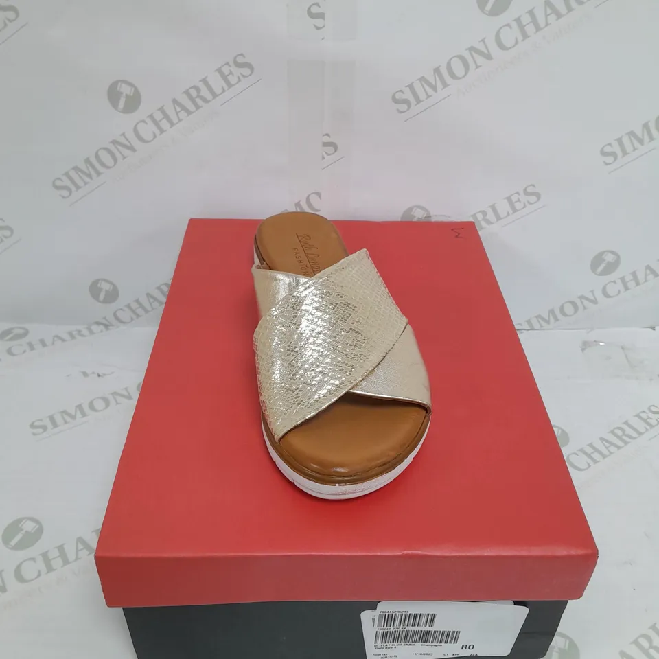 BOXED PAIR OF RUTH LANGSFORD SANDALS IN CHAMPAGNE GOLD SIZE 4