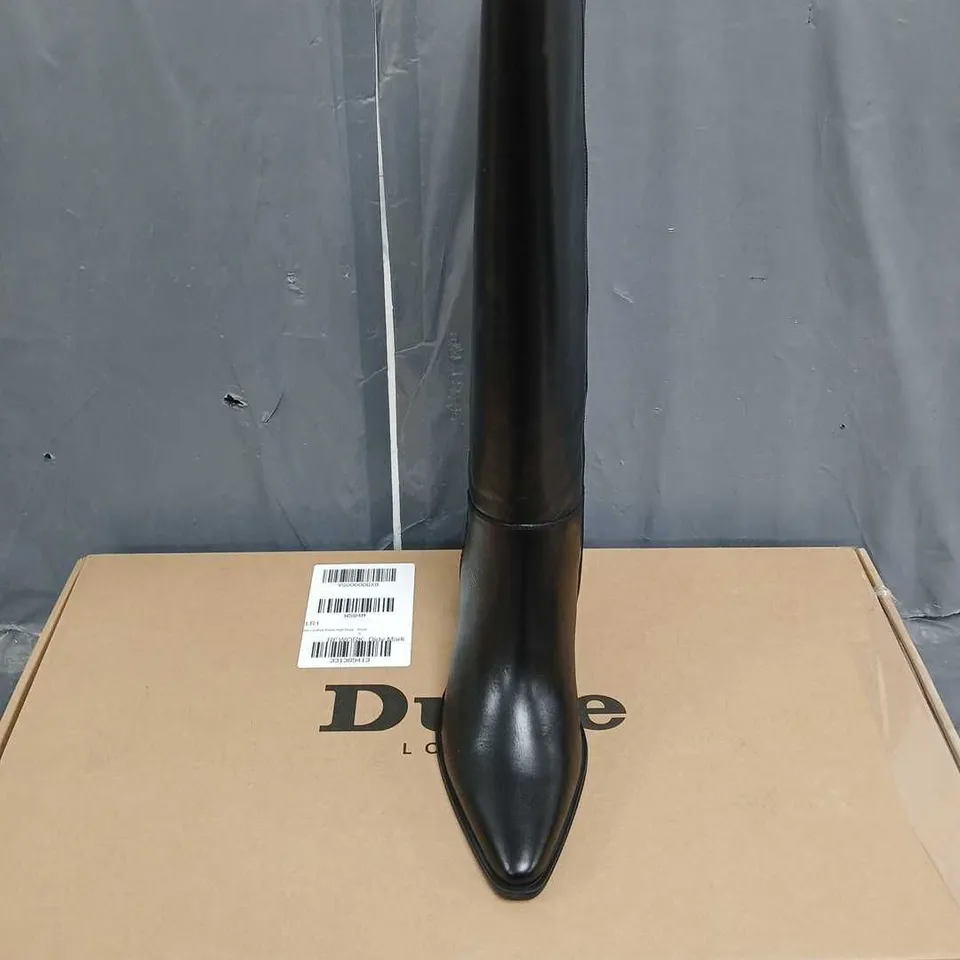 BOXED PAIR OF DUNE LONDON SILAHS LEATHER KNEE HIGH BOOTS IN BLACK SIZE 6